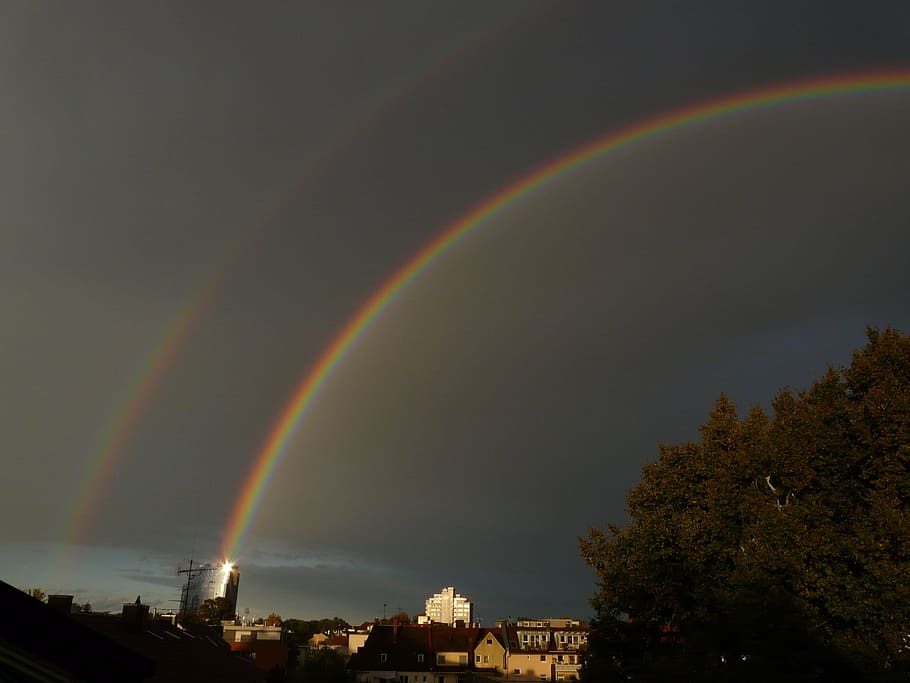 Double Rainbow, Rainbow, secondary rainbow, dark, gloomy, mood HD wallpaper