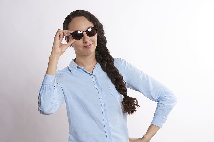 woman in blue dress shirt, cool, person, relaxed, sunglasses, HD wallpaper