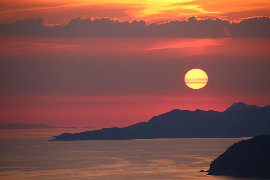 sunset, red sky, dubrovnik, travel, beautiful, island, clouds HD wallpaper