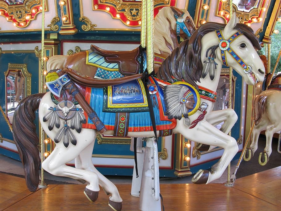close-up of horse carousel, Wooden Horse, Merry Go Round, vintage, HD wallpaper