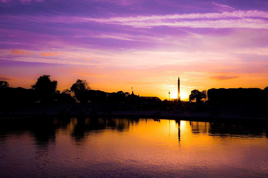 sun reflection on body of water, sunset, city, park, pond, lake HD wallpaper