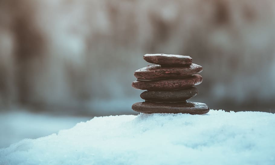 stone, balance, snow, cairn, stacked, stability, meditation