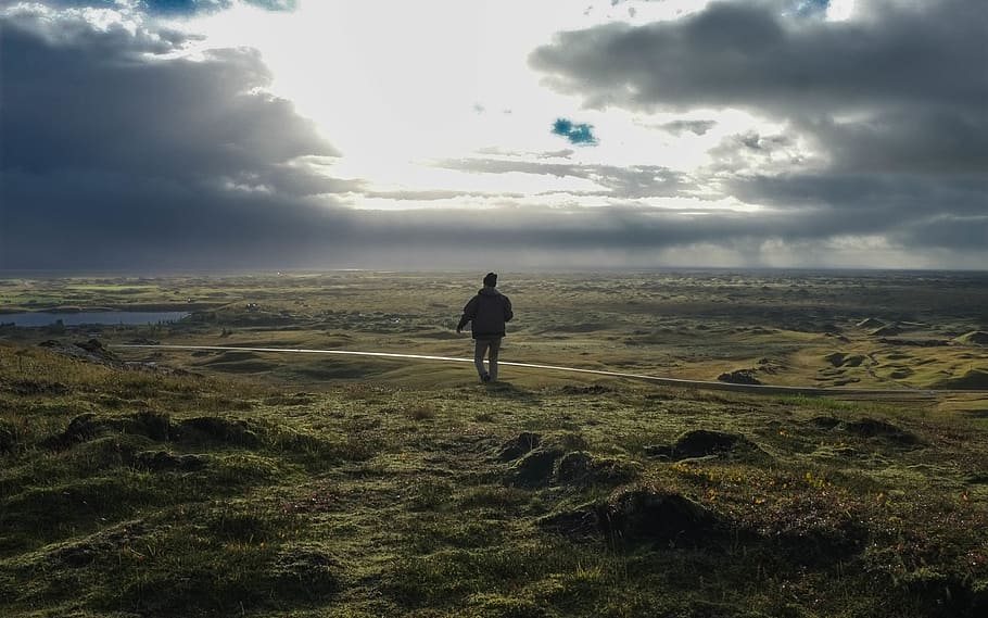 dark, clouds, sky, green, grass, people, man, alone, path, cloud - sky HD wallpaper