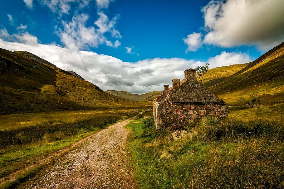 road, landscape, clouds, field, countryside, dirt road, grass HD wallpaper