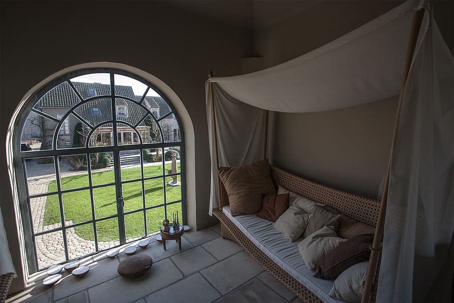 window, pillows, interior, arc, divan, relax, rest room, view HD wallpaper