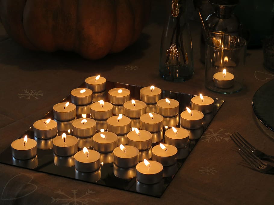 lights, candles, table, flame, heat, night, hope, burning, illuminated HD wallpaper