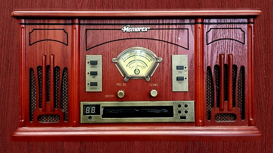 vintage red wooden radio, Memorex, radiogram, old, retro, music