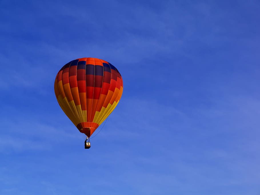 hovering red, yellow, and blue hot air balloon, photo, flying HD wallpaper