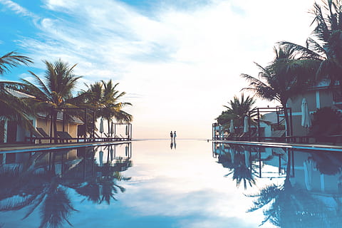 two person standing beside swimming pool, two person standing near swimming pool HD wallpaper