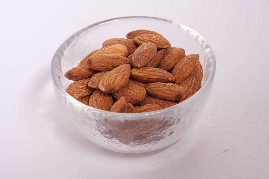 almond lot in glass bowl, Almonds, Nuts, Diet, Fruit, super food HD wallpaper