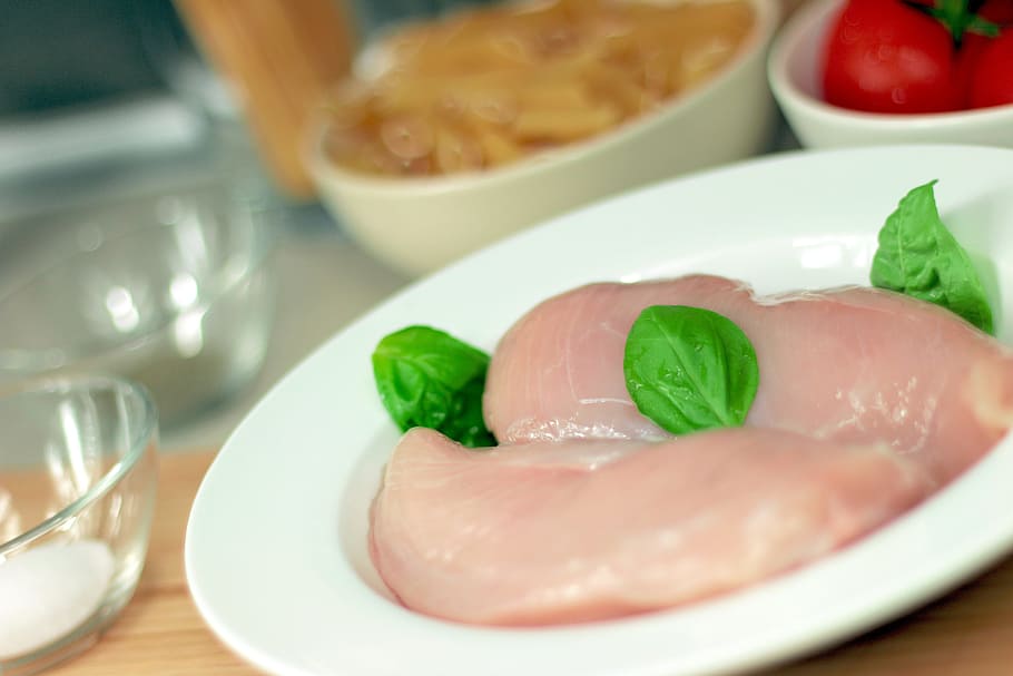 rawmeat on white plate, turkey hen, pink, chicken, ingredient, HD wallpaper