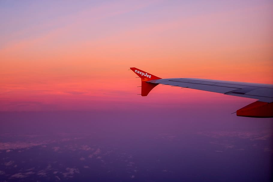 plane, sunset, sky, airplane, air vehicle, aircraft wing, mode of transportation HD wallpaper