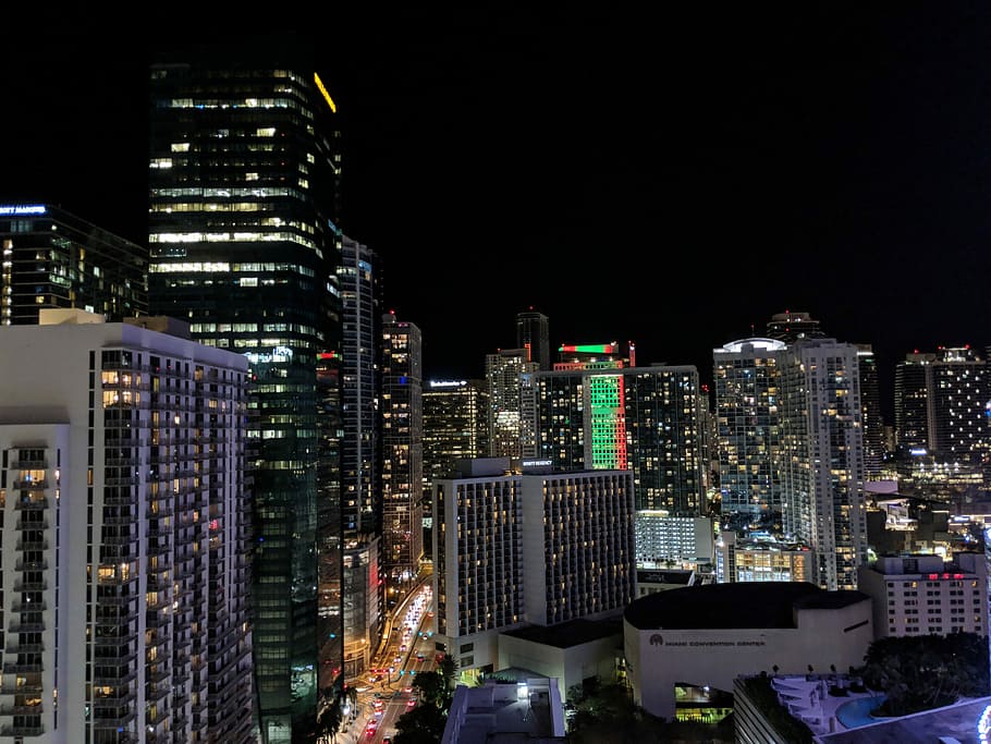 Miami nights, city buildings at night, architecture, tower, lights HD wallpaper