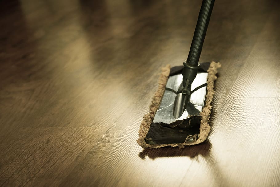 black and gray mop on brown floor, cleaning, washing, cleanup, HD wallpaper