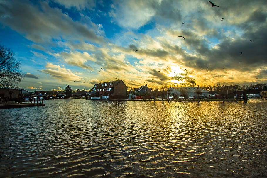 Wroxham, England, Water, River, Winter, sunset, sky, reflection HD wallpaper