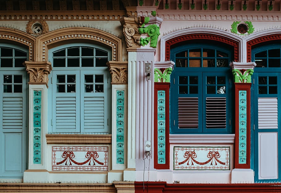 closed blue and red windows, architecture, building, infrastructure HD wallpaper