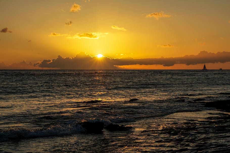 body of water, hawaii, sunset, beach, ocean, sea, summer, vacation, HD wallpaper