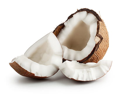 cracked open coconut shell, party, several, white background HD wallpaper