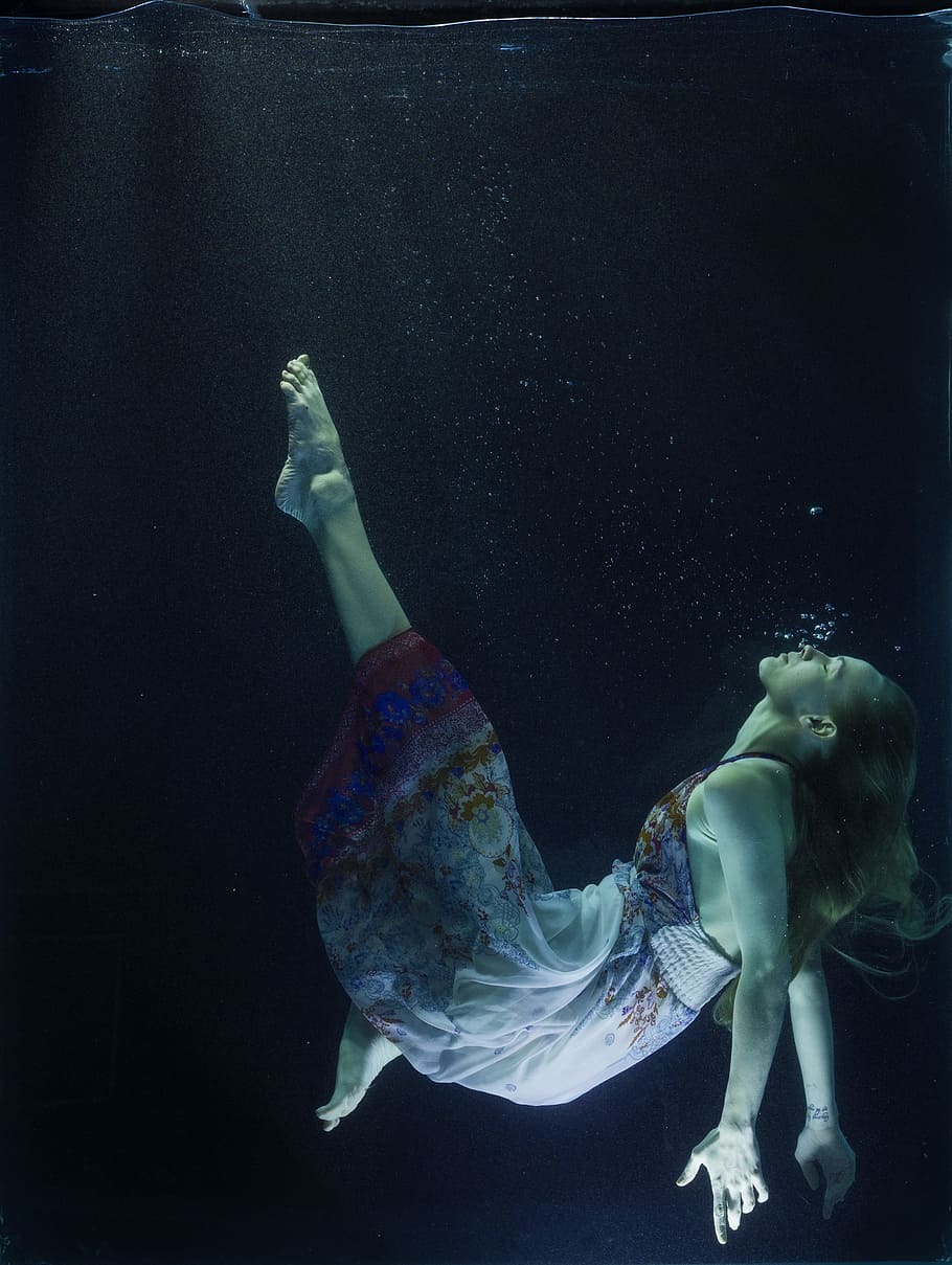 woman in white dress under water photography, tank, fiction, aquarium