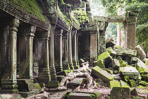 Temple Ruins in the Jungle of Cambodia, gray concrete posts, building HD wallpaper
