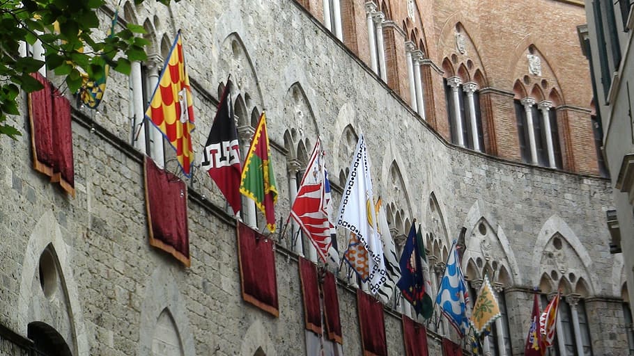 flags, siena, party, palio, wall, architecture, building, old HD wallpaper