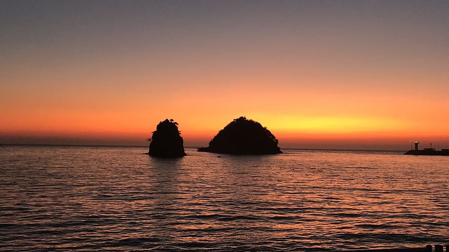 sunset, sea, glow, rock, do not shave, flowers not, flower index beaches HD wallpaper