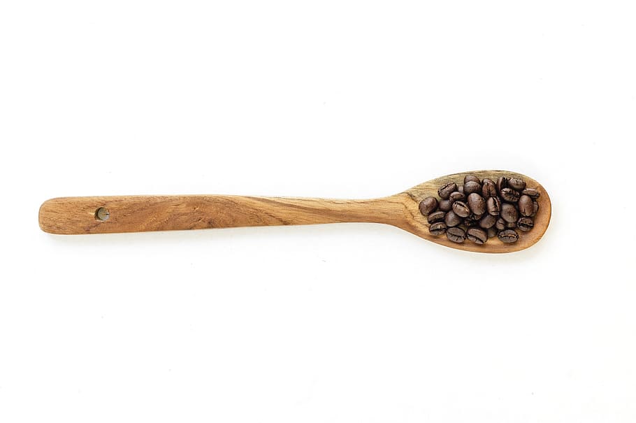 coffee beans on ladle, spoon, wood, drink, brown, black, wooden HD wallpaper
