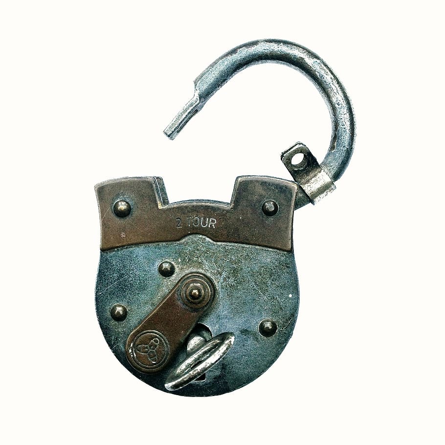 opened gray padlock with key, security, metal, cut out, rusty