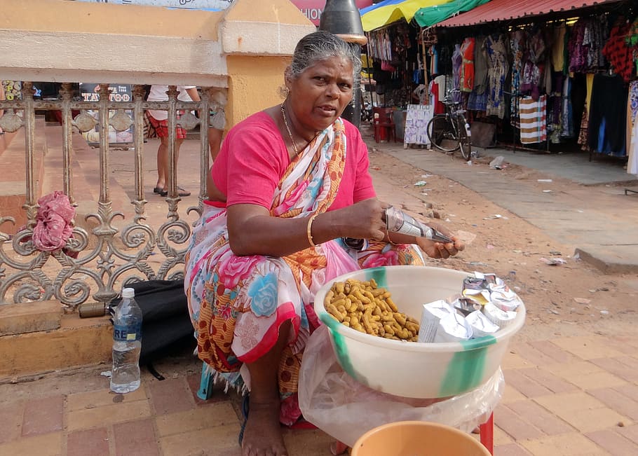 peanut seller, woman, street vendor, calangute beach, goa, india, HD wallpaper