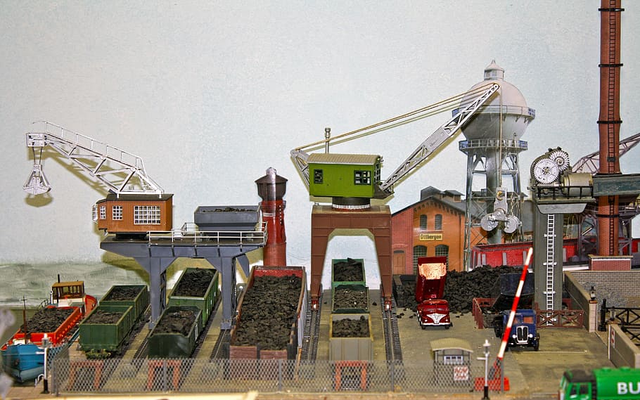model layout, model cranes, dock cranes, coal yard, bunkers HD wallpaper