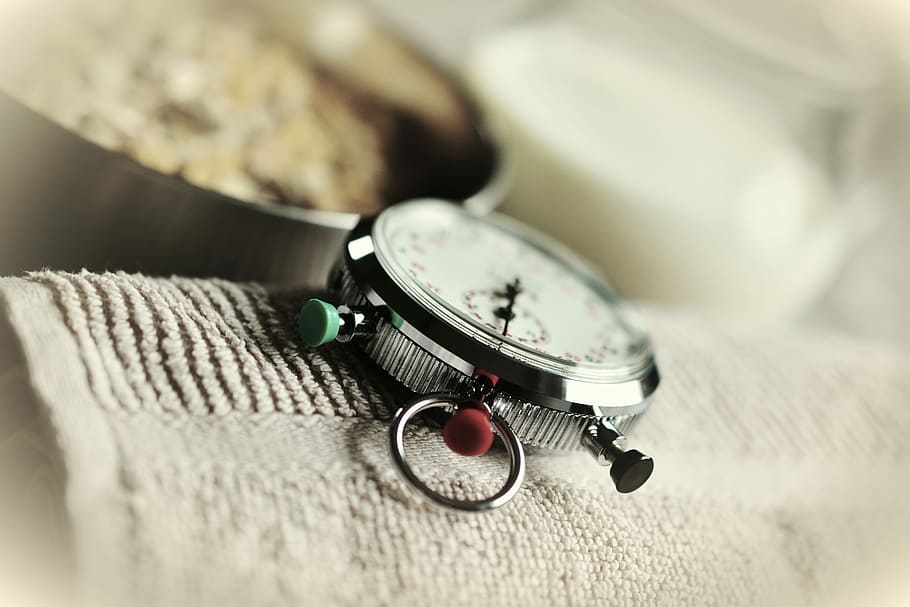 analog stopwatch on gray towel, time, stop time, training, muesli HD wallpaper