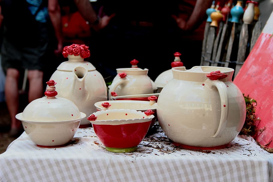 tableware, earthenware, pot, krug, bowls, ceramic, red, exhibition HD wallpaper