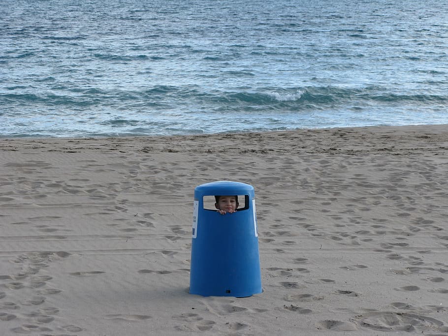 Beach, Water, Rubbish, Child, bin, hiding, game, sea, no people HD wallpaper