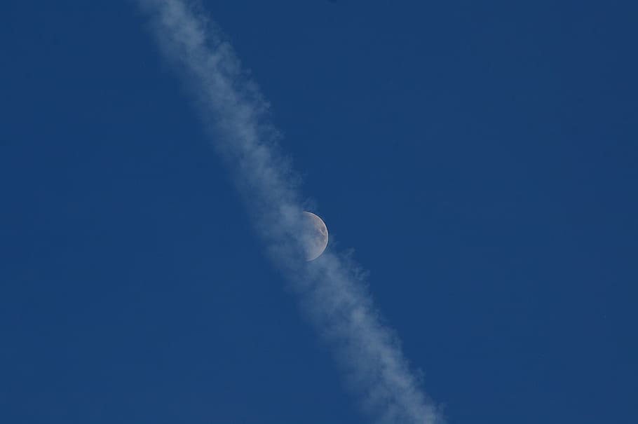 moon, contrail, sky, blue, cloud, beautiful, air vehicle, transportation HD wallpaper