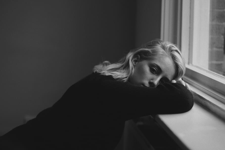 Lost in thoughts, woman leaning near window, window sill, portrait HD wallpaper