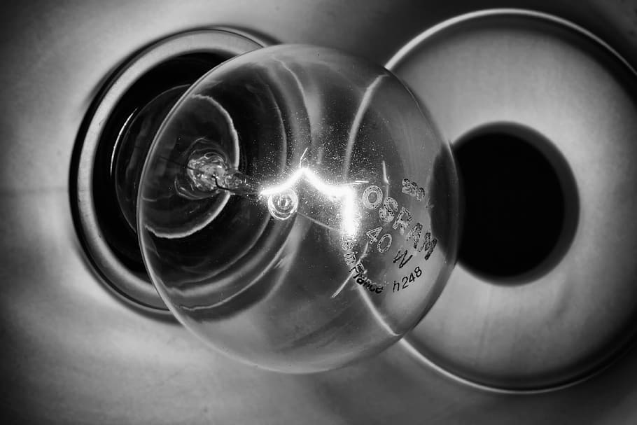 grayscale photography of bulb turned on, light bulb, pear, lamp HD wallpaper