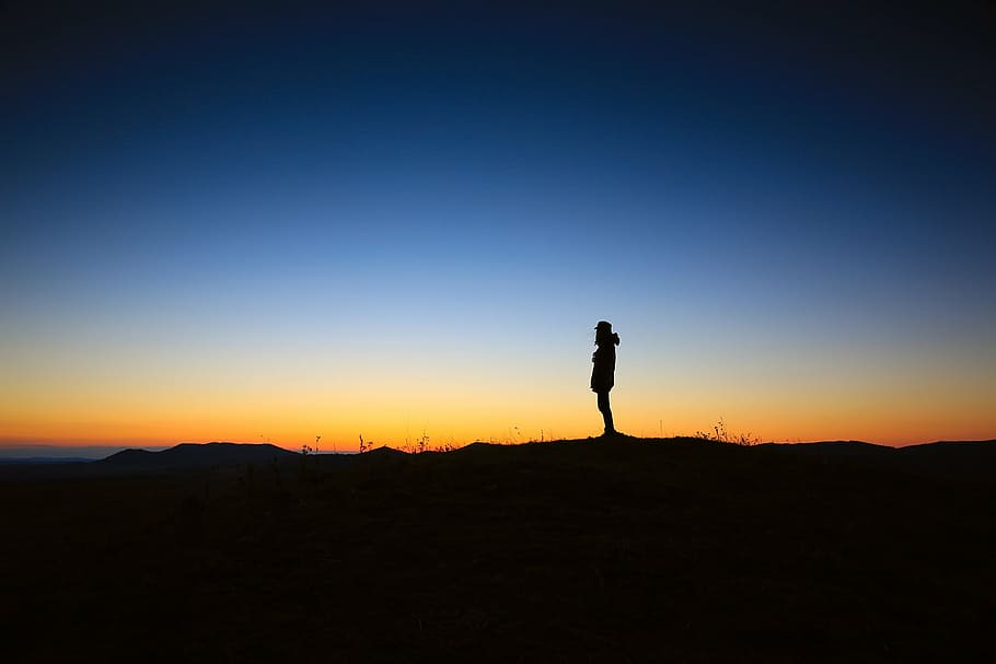 silhouette person standing on ground, top, heal, clear, blue HD wallpaper