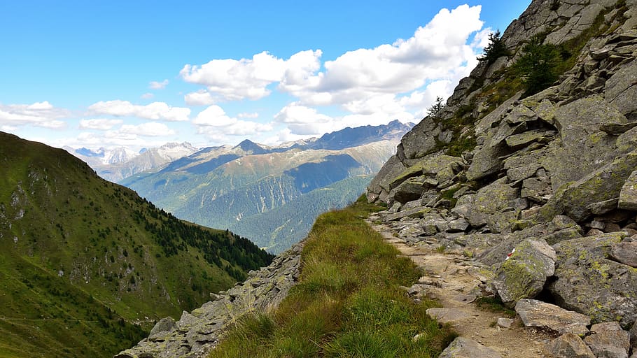 trail, landscape, mountains, away, view, alpine, nature, panorama HD wallpaper