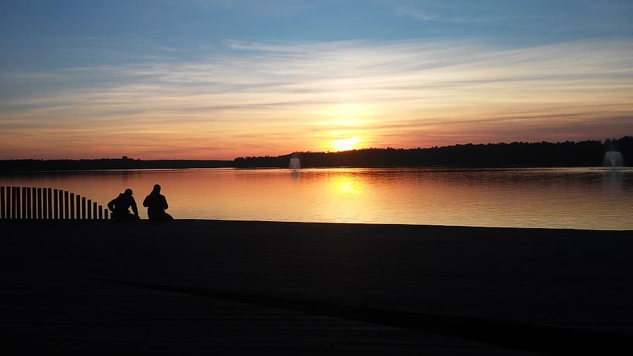 west, sun, the sun, sunset, evening, lake, clouds, sky, silhouette HD wallpaper