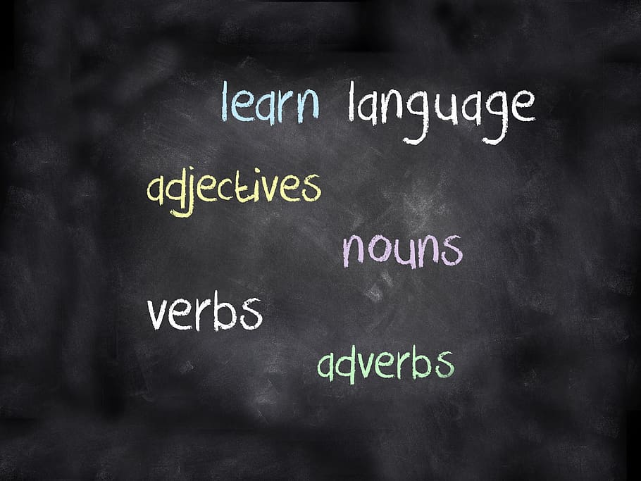 white learn language on black board, blackboard, language school