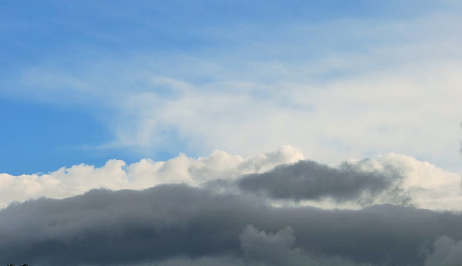 clouds, bank, white, grey, linear, sky, blue, nature, weather HD wallpaper