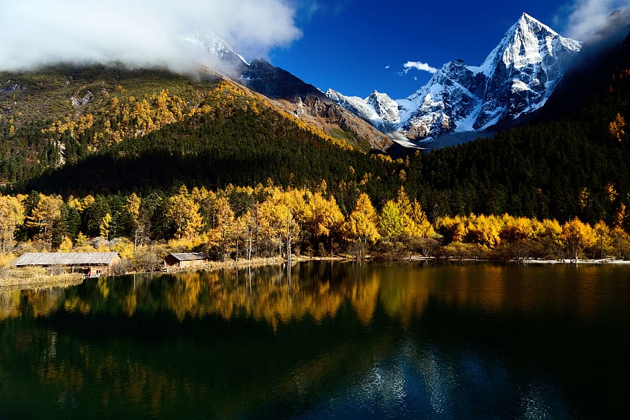 the scenery, autumn, bi peng gou, mountain, nature, lake, landscape, HD wallpaper
