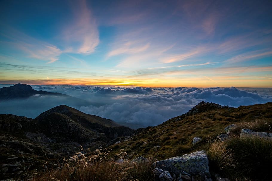clouds, cloudscape, grass, hills, landscape, mountain top, mountains HD wallpaper