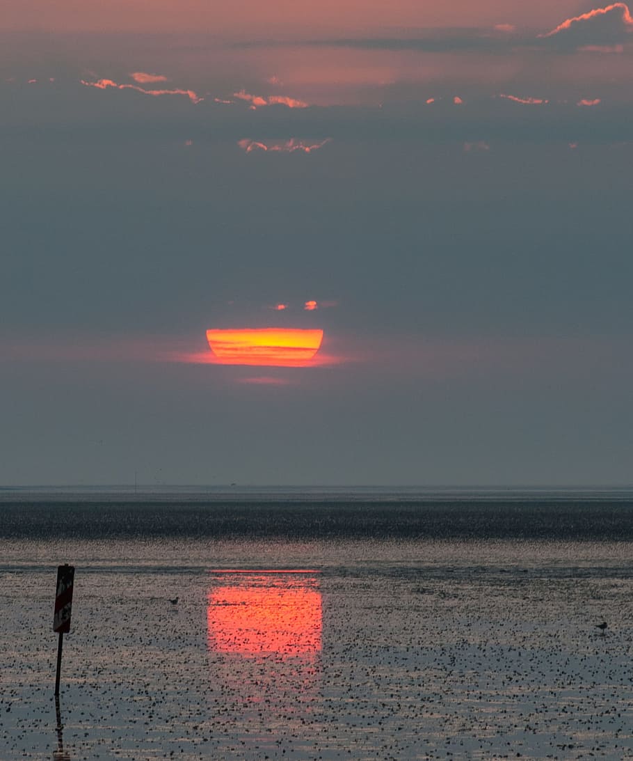 North Sea, Ebb, Sunset, Tides, Watts, wadden sea, orange color HD wallpaper