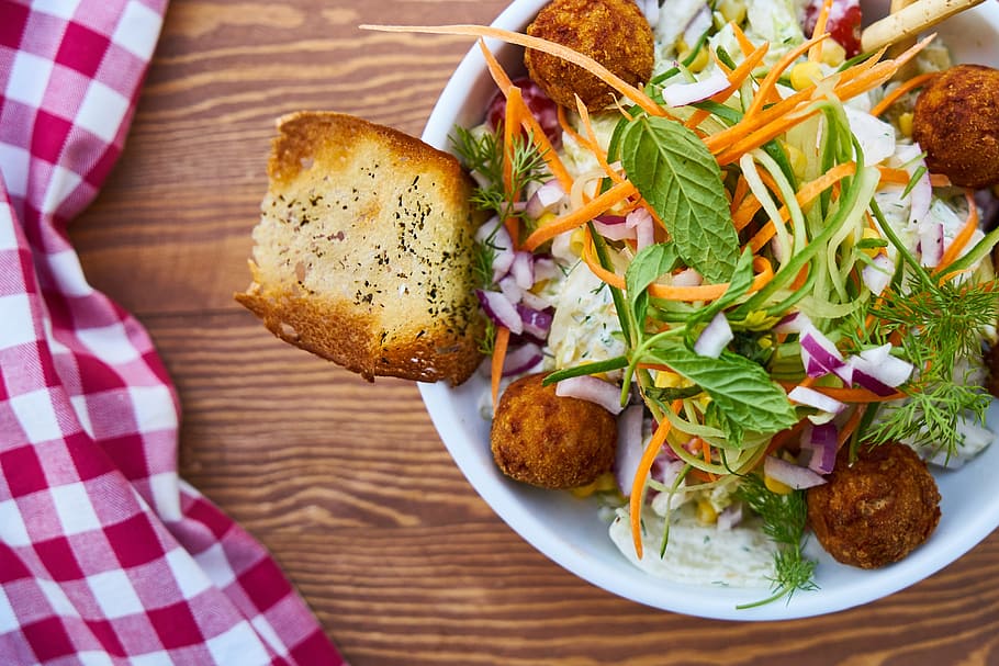 cook food on round white ceramic bowl, salad, bread, diet, vegan HD wallpaper