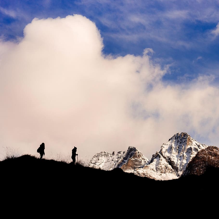 cloud, sky, landscape, highland, mountain, rocks, cliff, people HD wallpaper