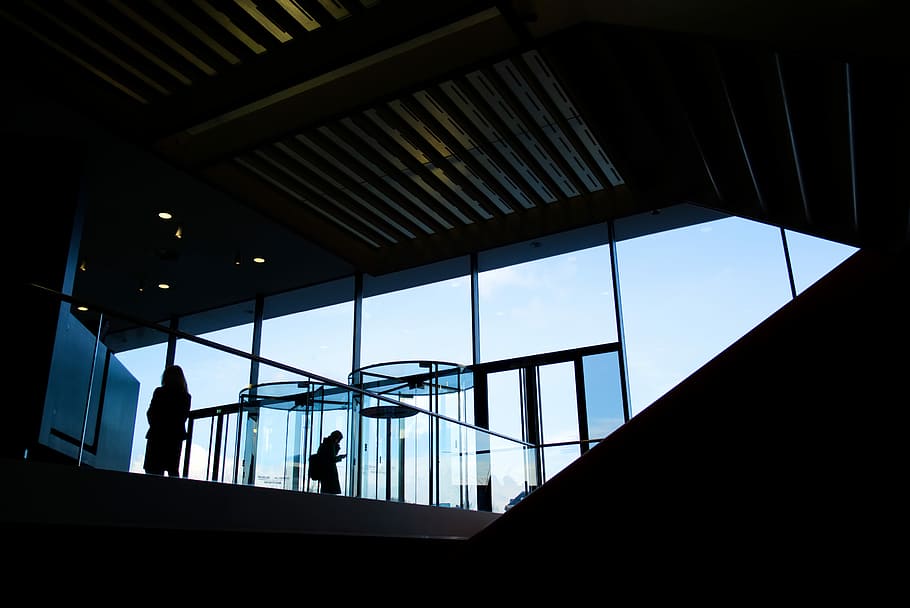 silhouette of person near windows, people standing inside building during daytime HD wallpaper
