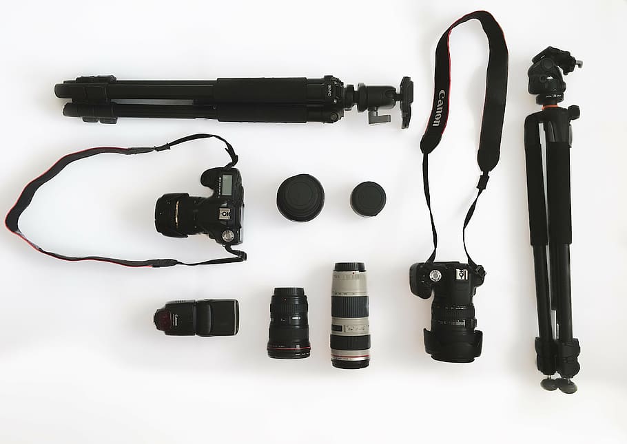 flat-lay photography of two DSLR cameras and tripods, gear HD wallpaper