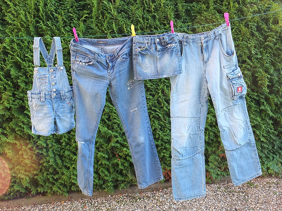 four denim bottoms in wire, jeans, leash, laundry, hanging HD wallpaper