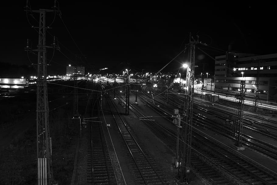 railway station, gleise, night, seemed, würzburg, rail transportation